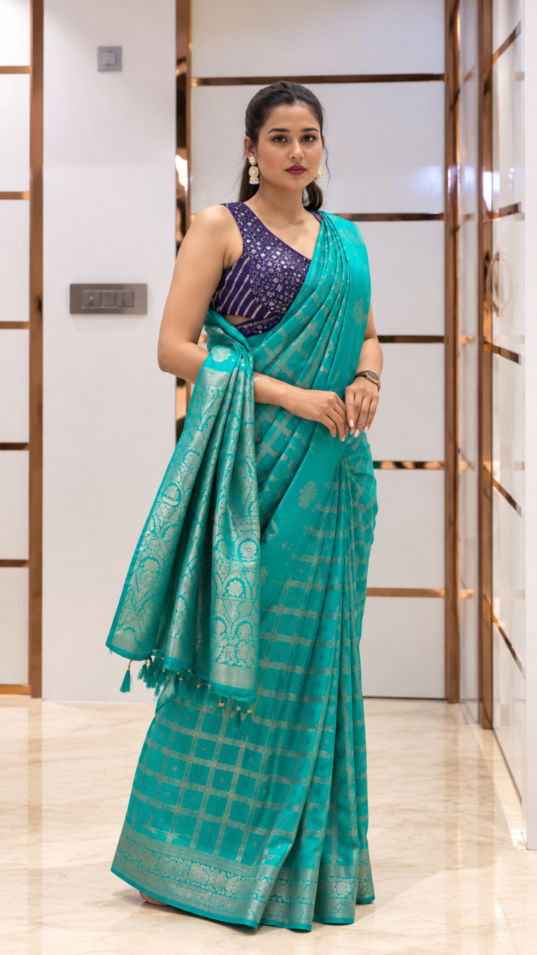 Dhupian Cotton Silk with Contrast Blouse - All-Over Checks Zari Design
