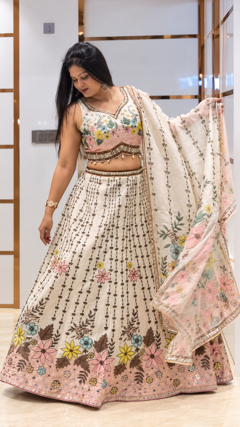 Ivory Floral Embroidered Lehenga Set