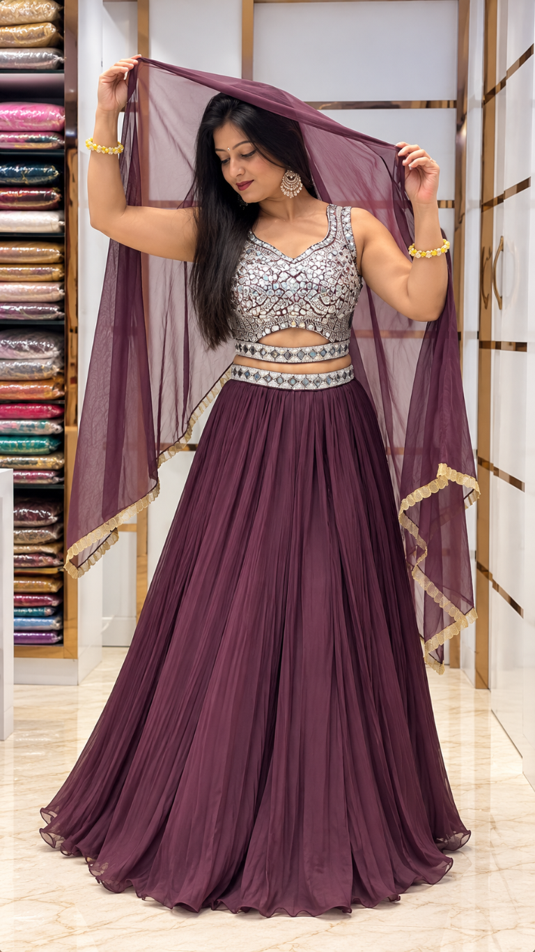 Plum Embroidered Lehenga Set