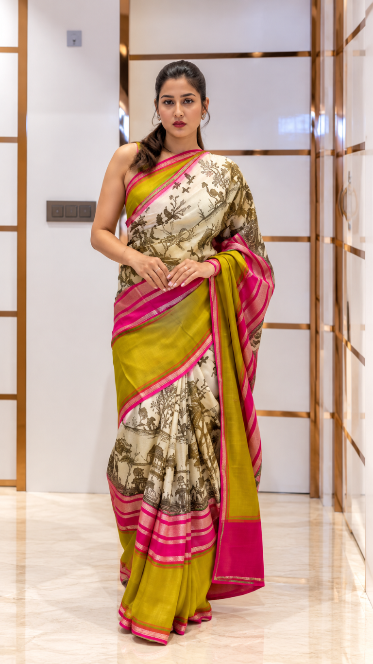 Semi Printed Crape Saree - Original Chap Print