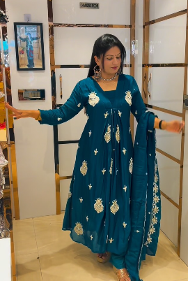 Teal Blue Embroidered Suit Set